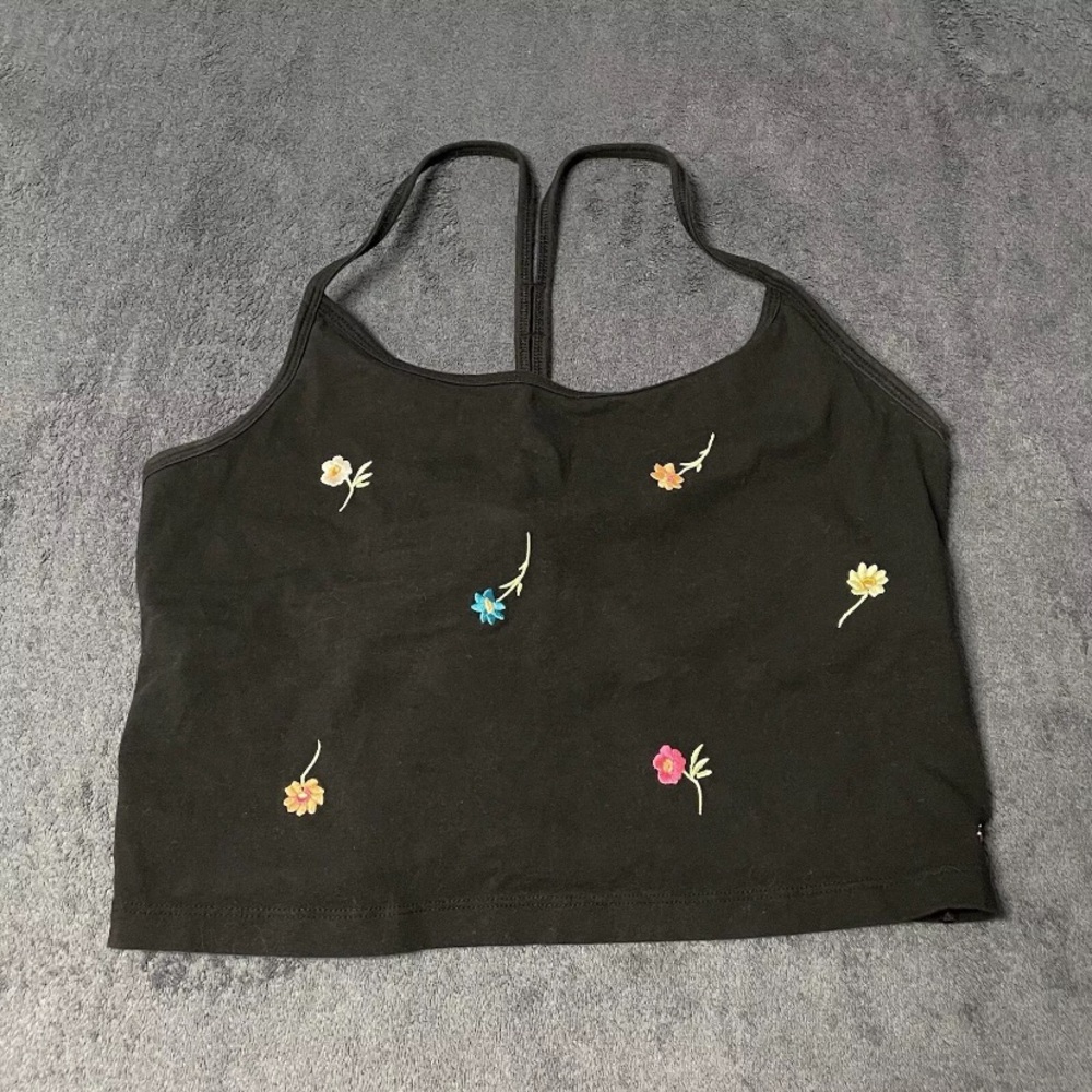 Pink Victorias Secret Crop Top Women L Black Embroidered Floral Tank Festival